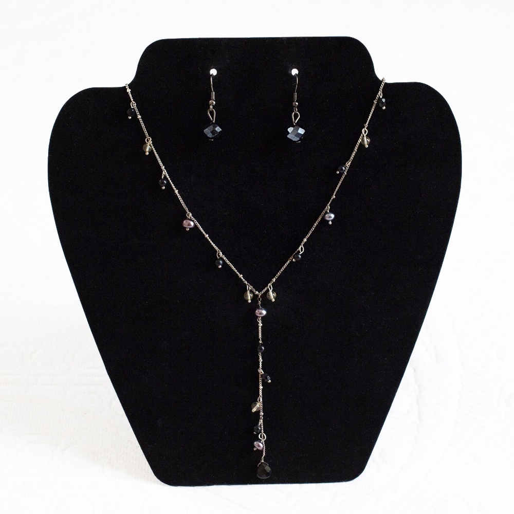 Black & Silver Y Necklace and Drop Earrings